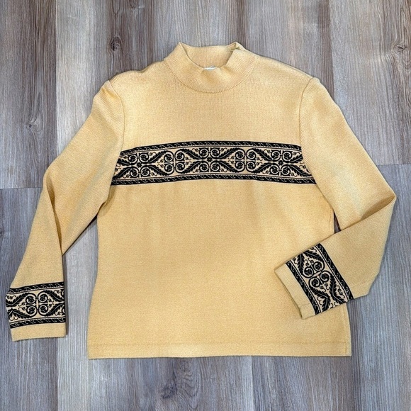 Vintage St. John Mock Neck Gold Black Lightweight Sweater Geometric Medium - Picture 1 of 8
